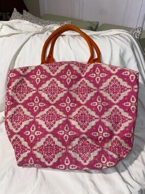 2 Chic Pink Patterned Tote with Orange Handles
